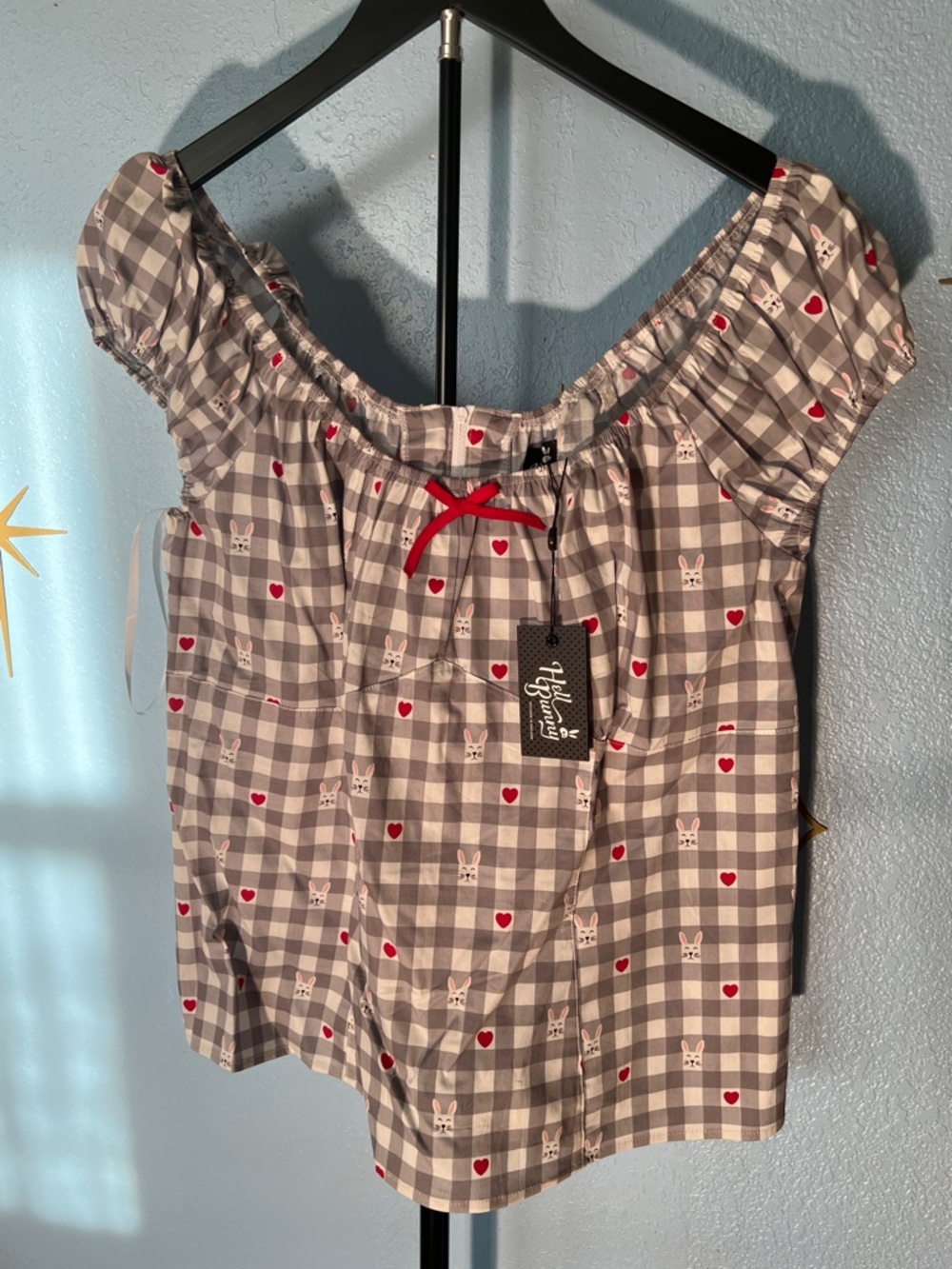 Hell Bunny Gray Gingham Peasant Top with Red Hearts